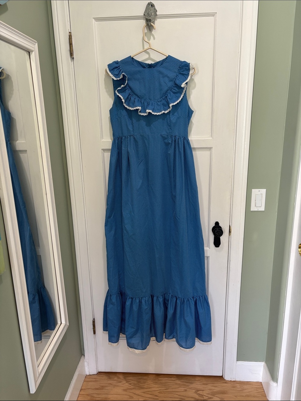 Handmade blue dotted Swiss sleeveless maxi prairie dress